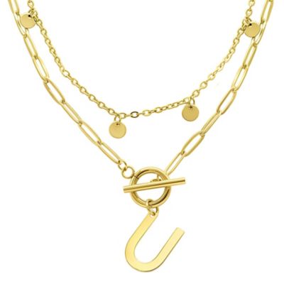 Adornia Tarnish Resistant 14k Gold Plated Confetti And Paperclip Layered Initial Toggle Necklace, 17 in