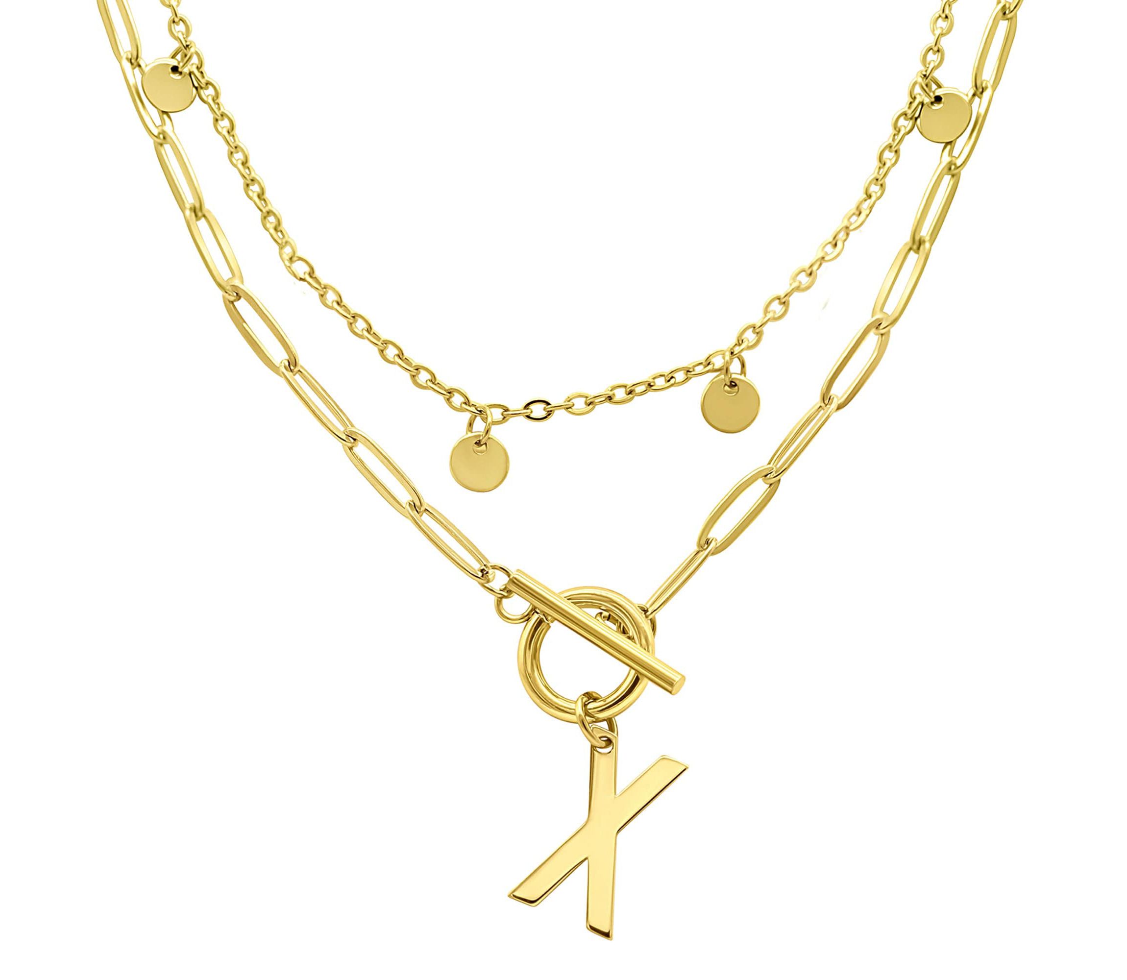 Tarnish Resistant 14k Gold Plated Confetti And Paperclip Layered Initial Toggle Necklace