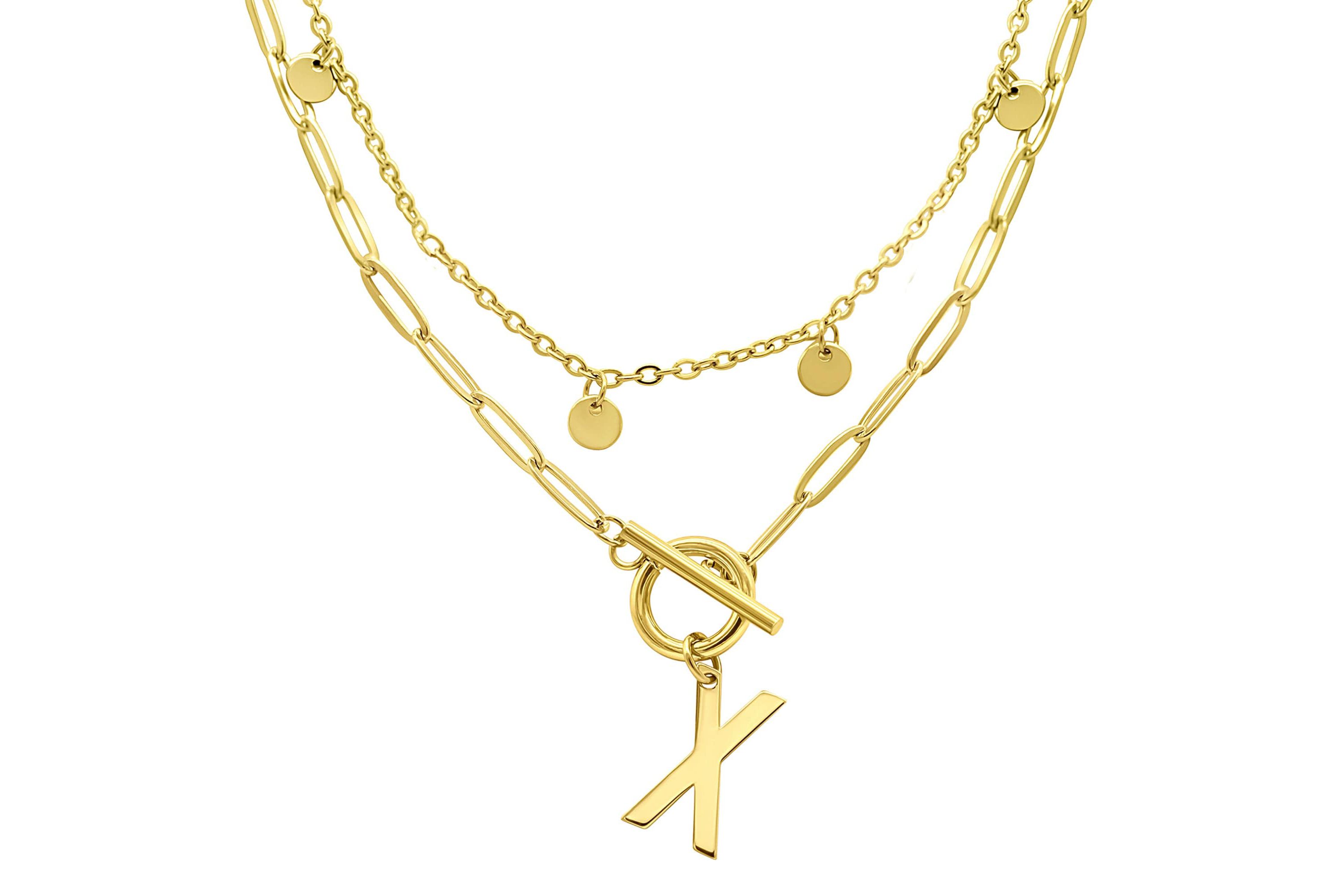 Tarnish Resistant 14k Gold Plated Confetti And Paperclip Layered Initial Toggle Necklace
