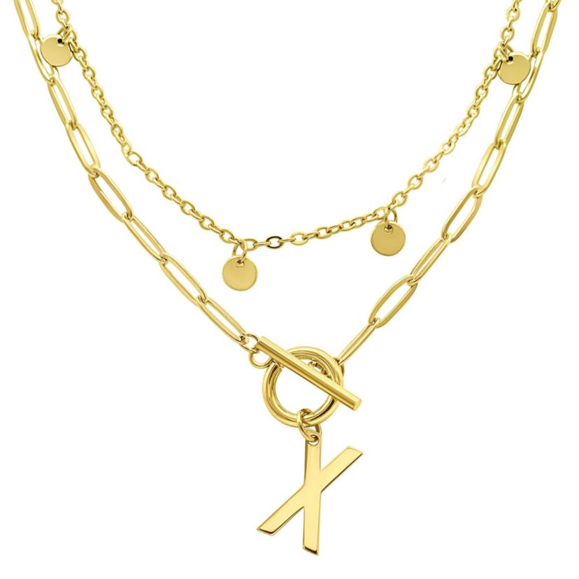 Tarnish Resistant 14k Gold Plated Confetti And Paperclip Layered Initial Toggle Necklace