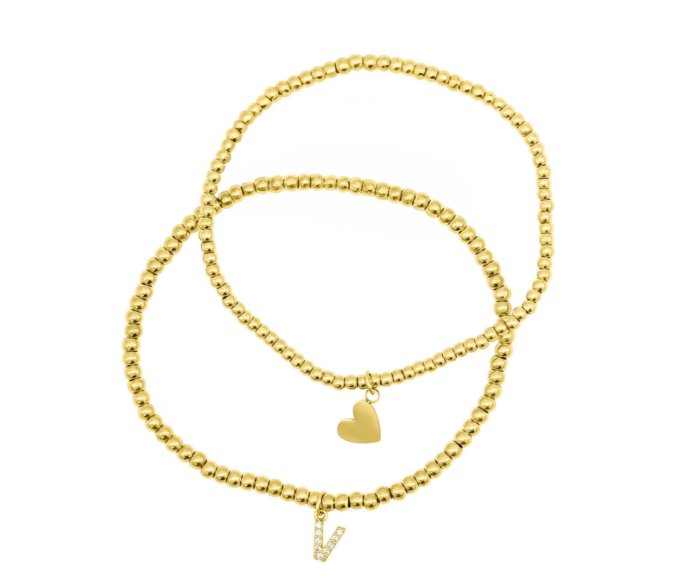 14k Gold Plated Stretch Bracelet Set With Mini Crystal Initial