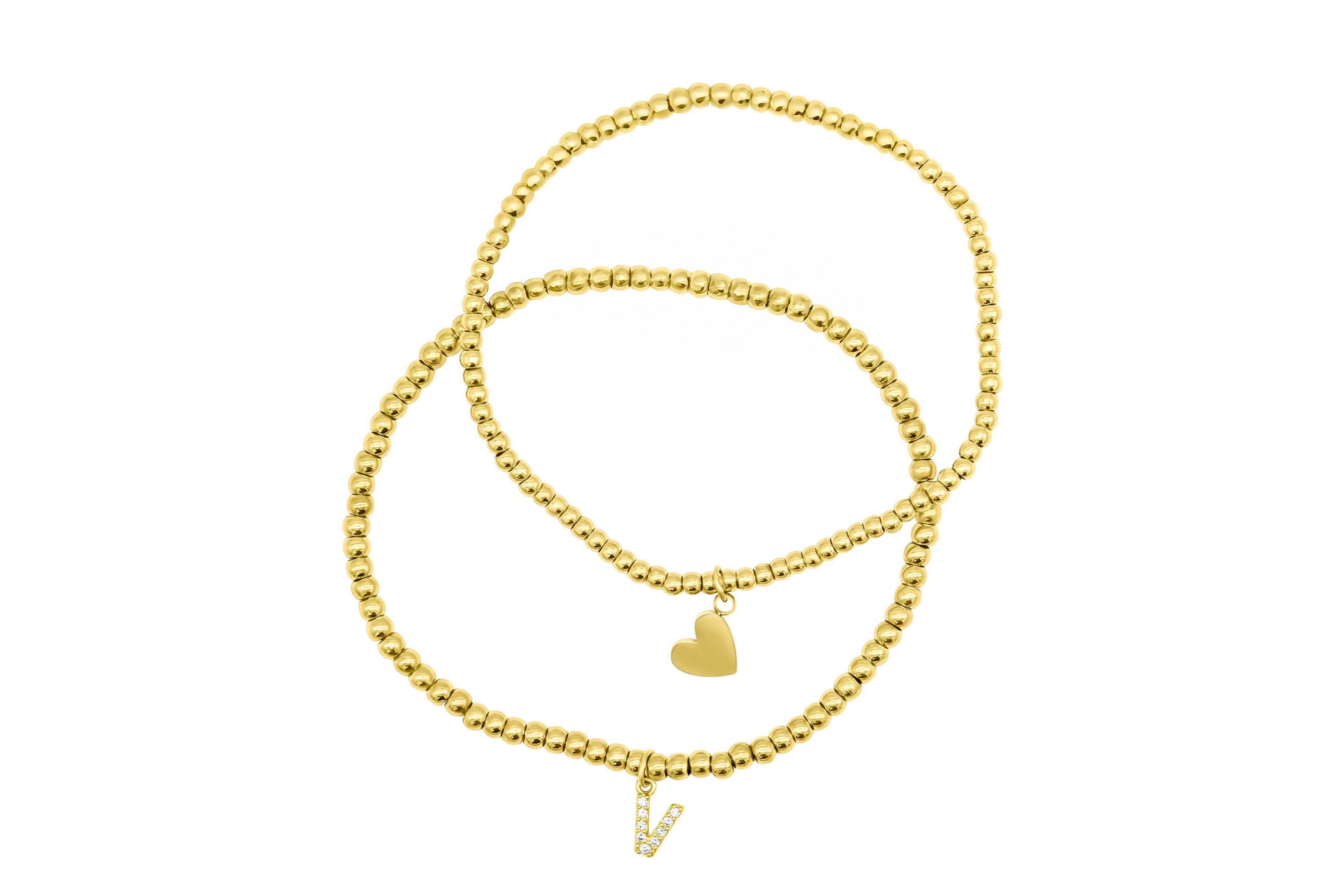 14k Gold Plated Stretch Bracelet Set With Mini Crystal Initial
