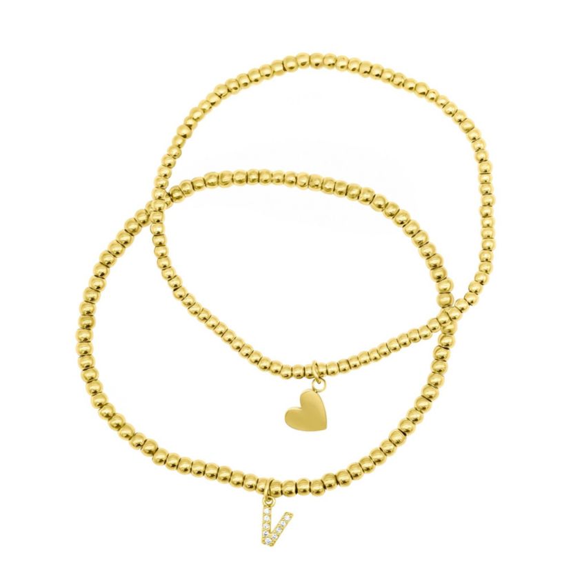 14k Gold Plated Stretch Bracelet Set With Mini Crystal Initial