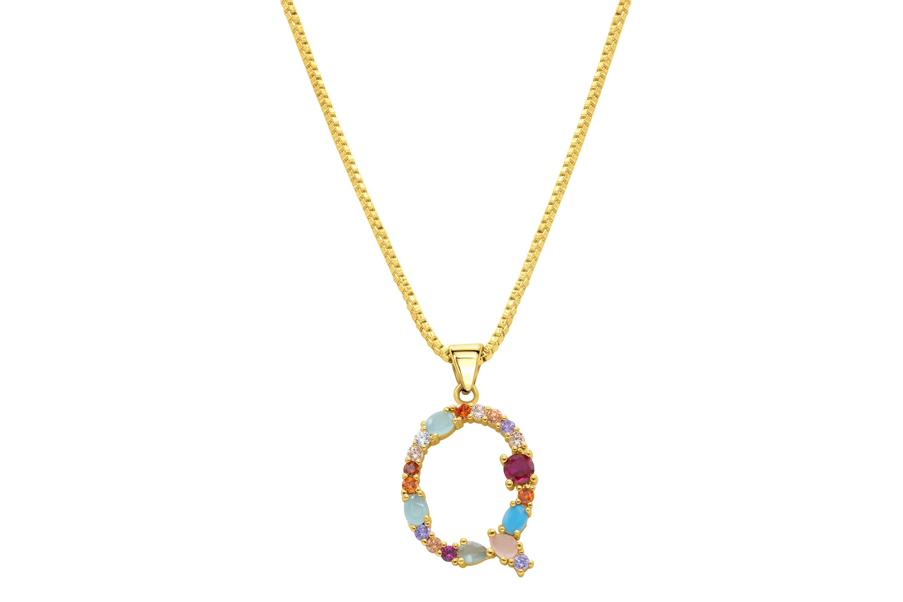 14k Gold Plated Multi Color Stone Initial Necklace