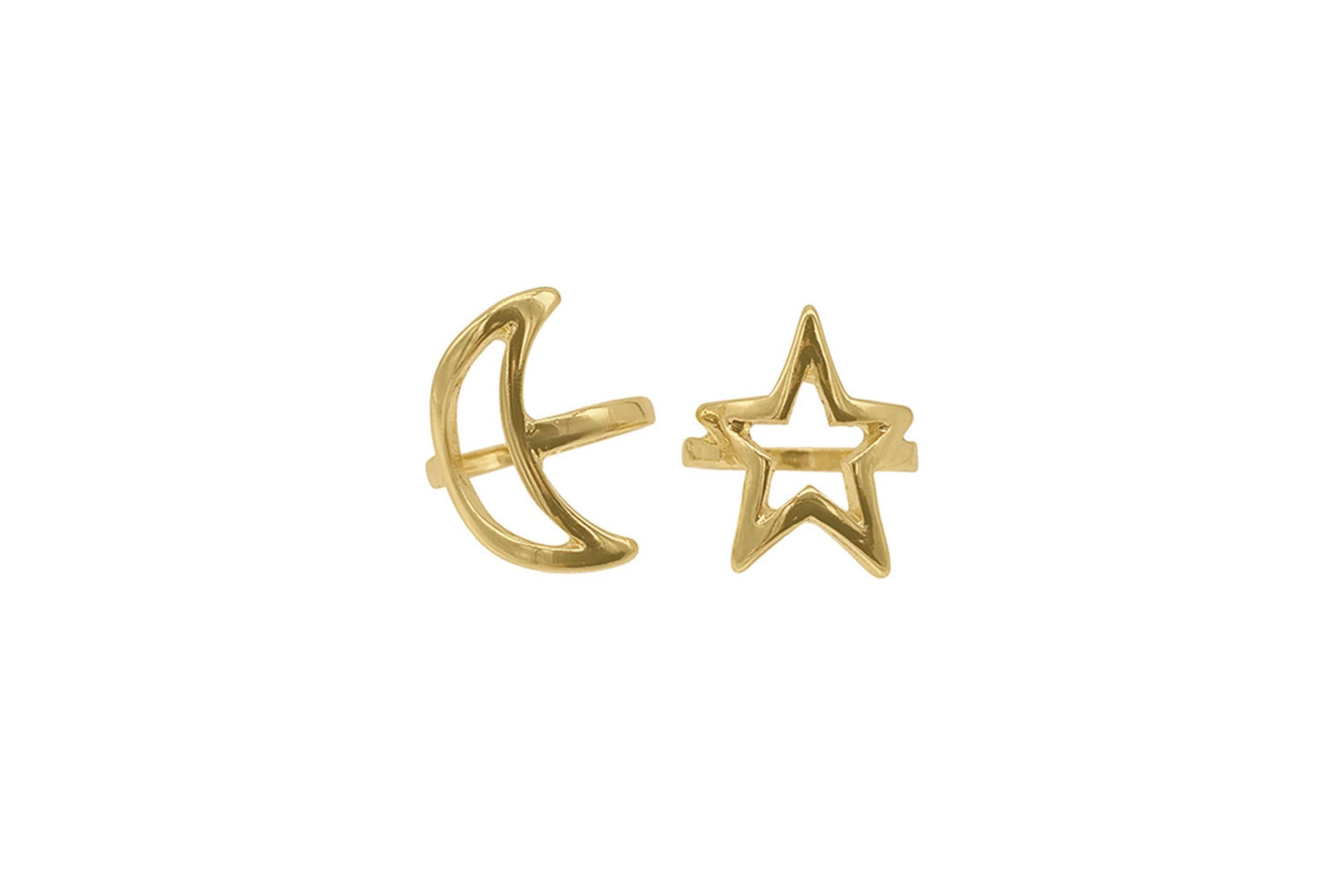 14k Gold Plated Moon and Star Ring Set