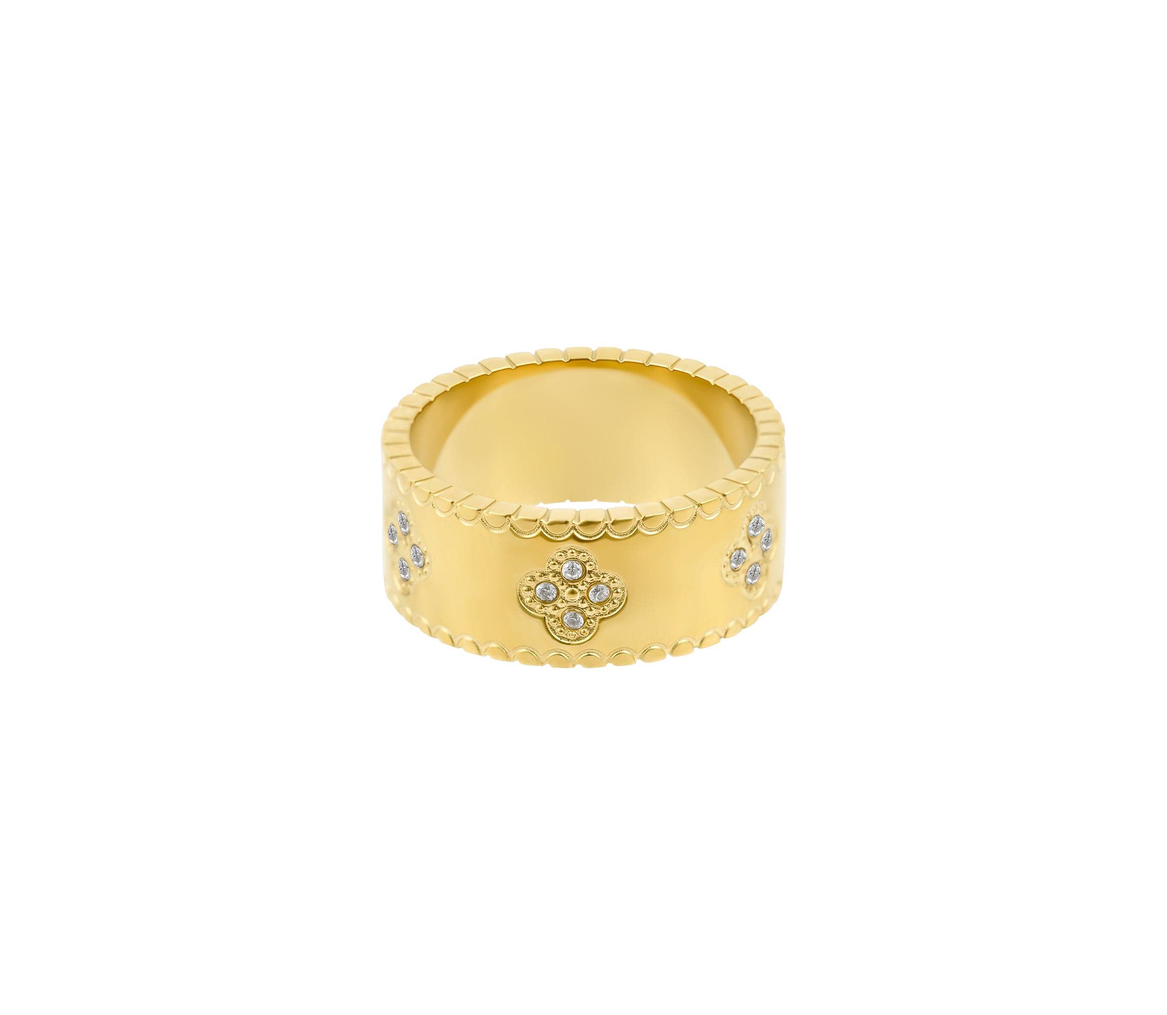 Tarnish Resistant 18k Gold Plated Crystal Clover Band Ring