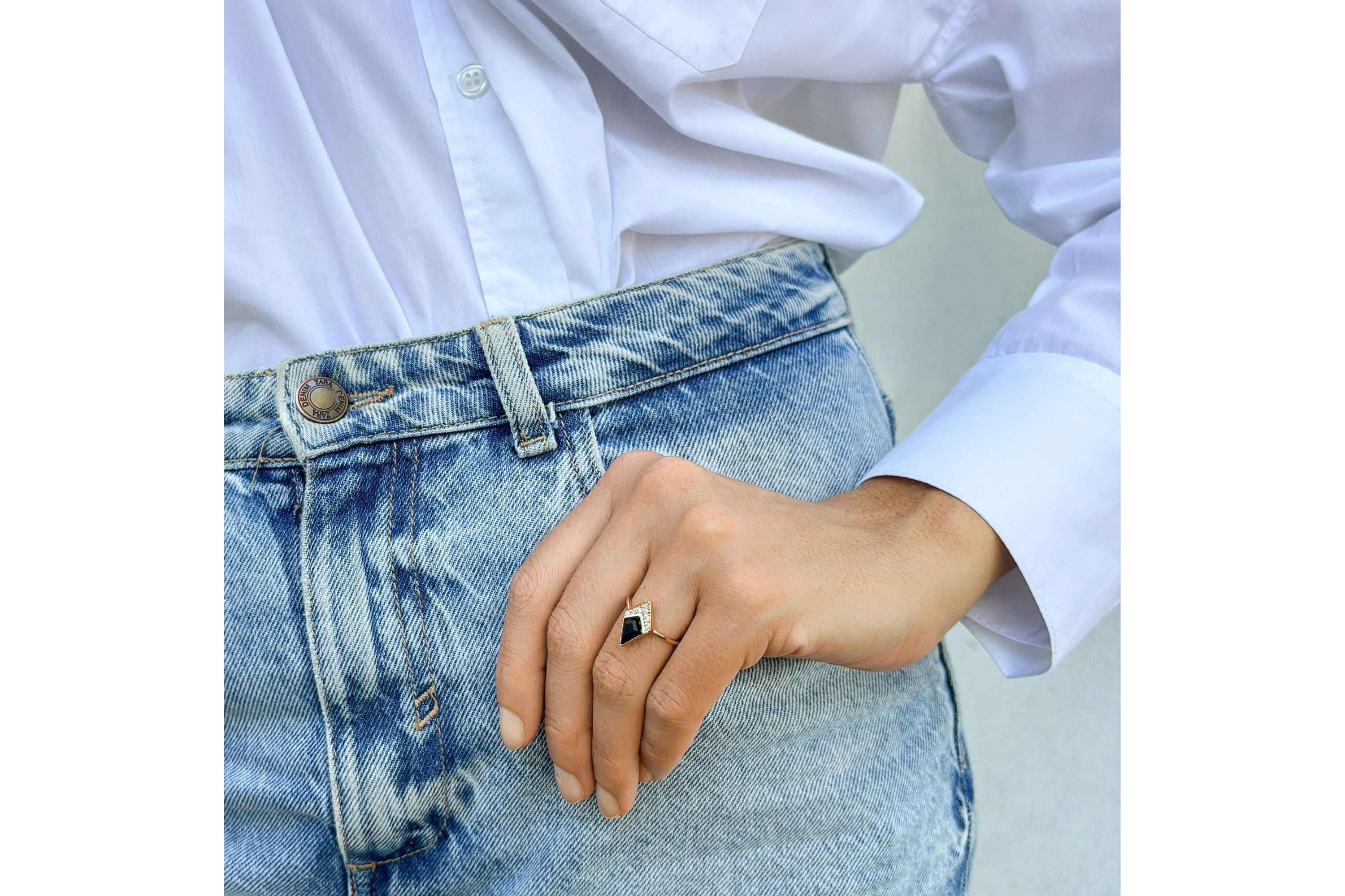 Black Onyx Diamond Ring 14k gold vermeil
