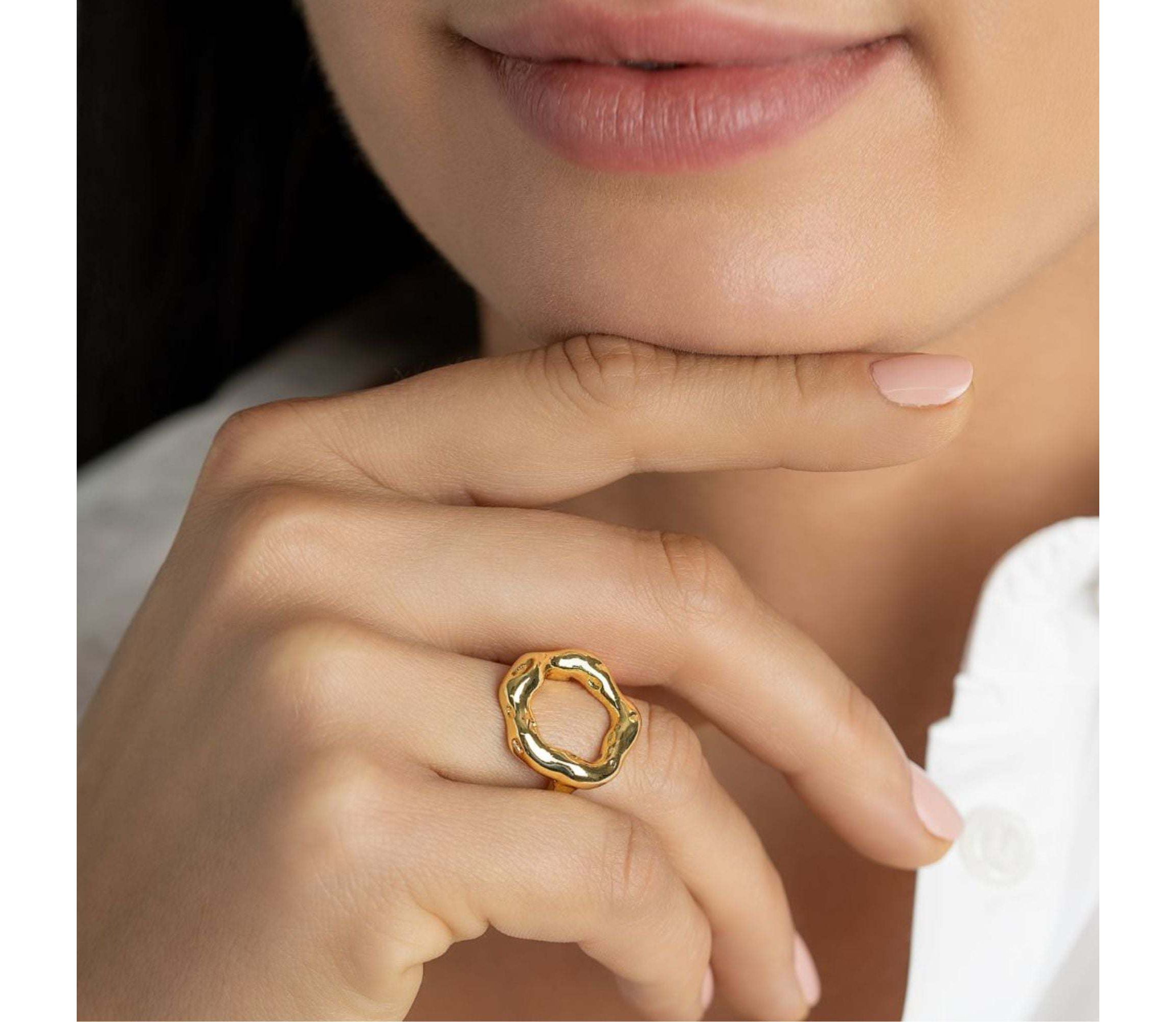 Tarnish Resistant 14k Gold Plated Open Circle Hammered Ring