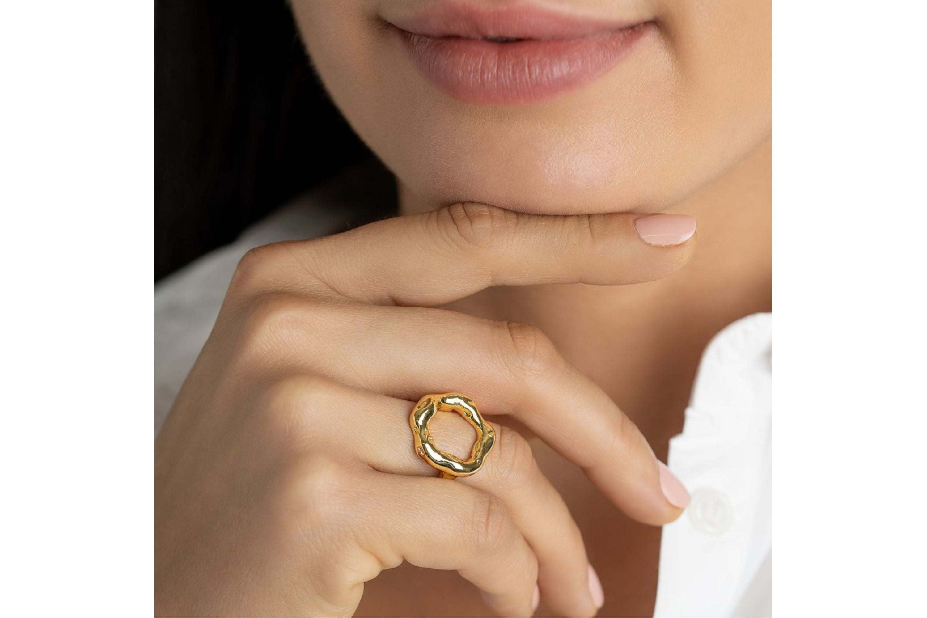 Tarnish Resistant 14k Gold Plated Open Circle Hammered Ring