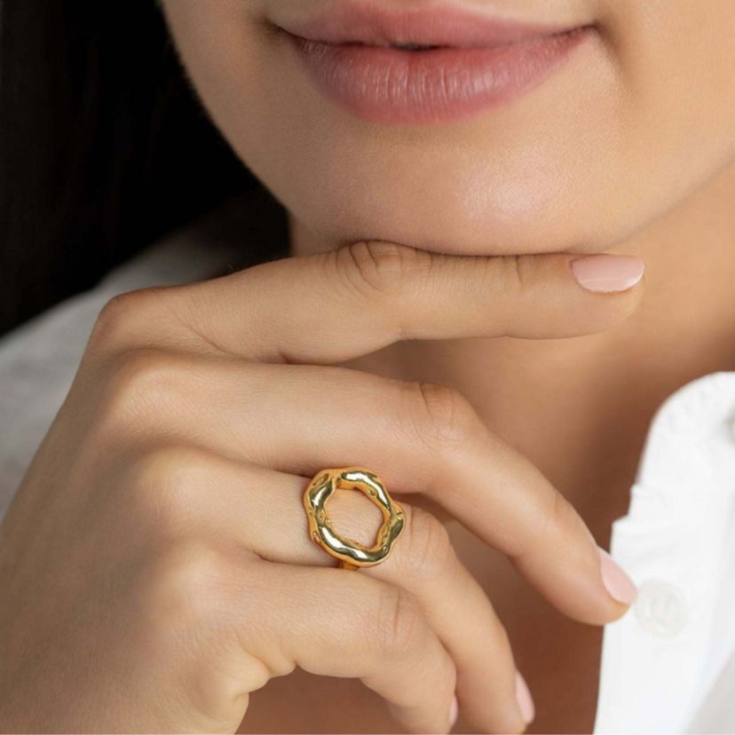 Tarnish Resistant 14k Gold Plated Open Circle Hammered Ring