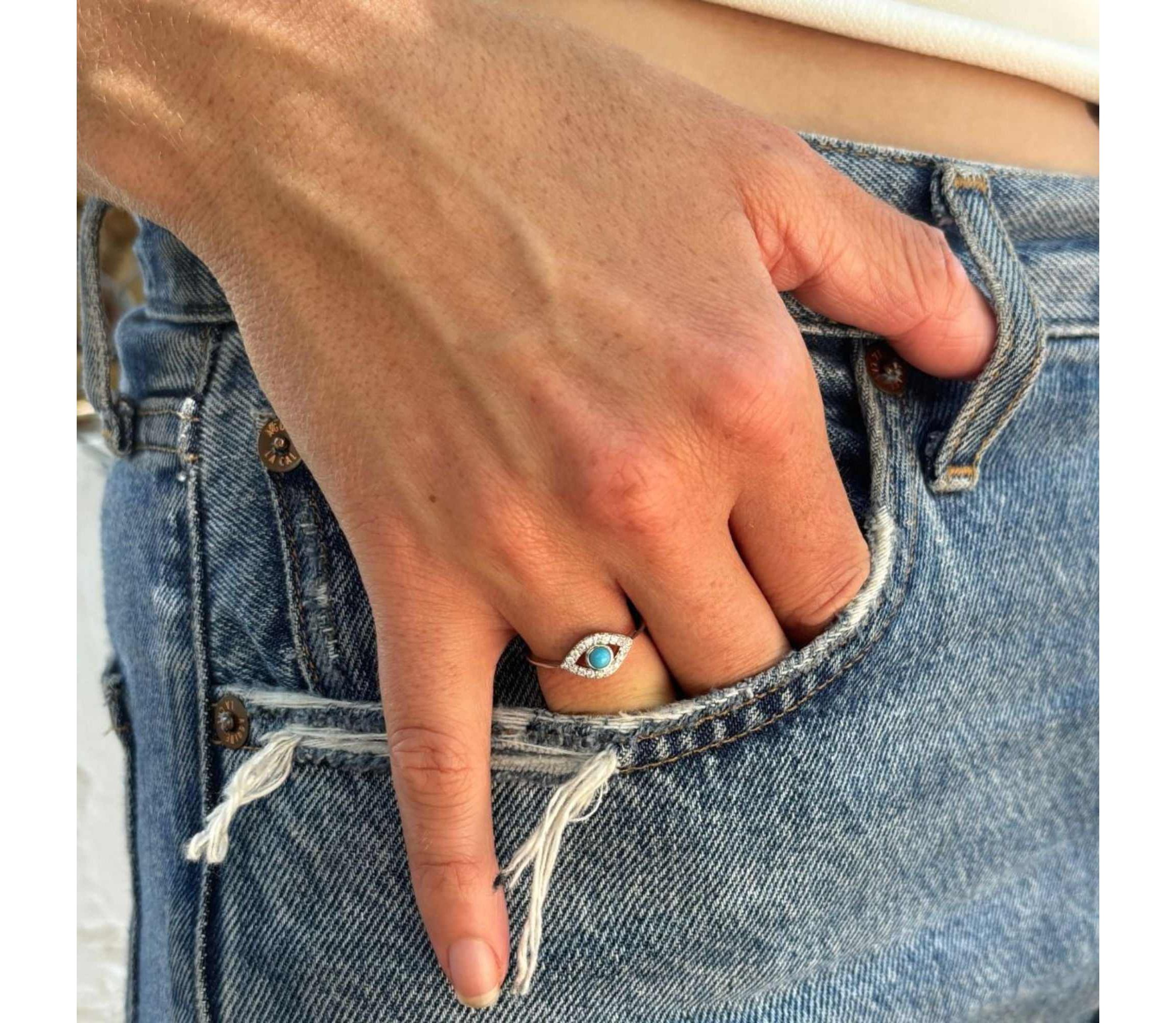 Rhodium Plated Evil Eye Ring