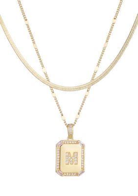 Adornia 14k Gold Plated Pave Tag Pendant and Herringbone Chain Necklace Set