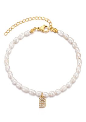 Adornia 14k Gold Plated Freshwater Pearl with Pave Letter Bracelet