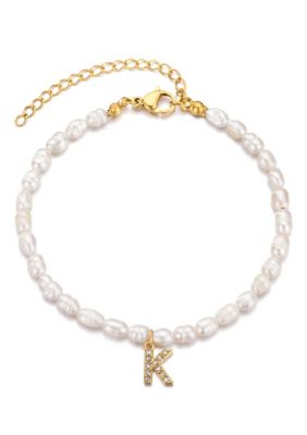 Adornia 14k Gold Plated Freshwater Pearl with Pave Letter Bracelet