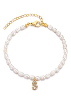 Adornia 14k Gold Plated Freshwater Pearl with Pave Letter Bracelet