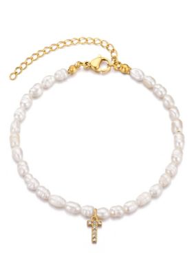 Adornia 14k Gold Plated Freshwater Pearl with Pave Letter Bracelet