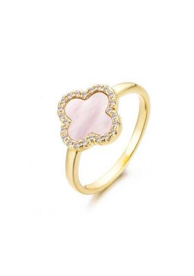 Adornia 14k Gold Plated Mother of Pearl Halo CZ Clover Ring, White, 6