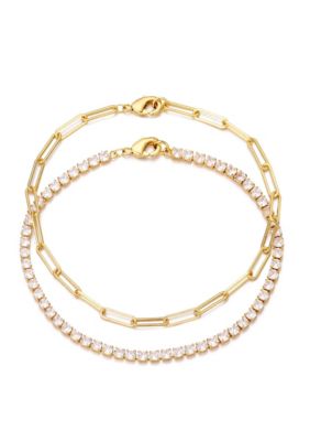 Adornia 14k Gold Plated Tennis and Paperclip Chain Bracelet Set 8"