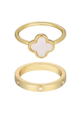 Adornia 14k Gold Plated Mother of Pearl Clover and CZ Eternity Band Ring Set
