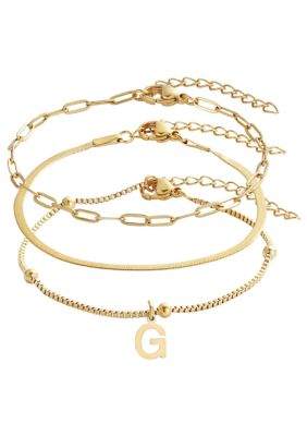 Adornia Tarnish Resistant 18k Gold Plated Set of 3 Chain Bracelets with Initial Charm