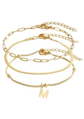 Adornia Tarnish Resistant 18k Gold Plated Set of 3 Chain Bracelets with Initial Charm