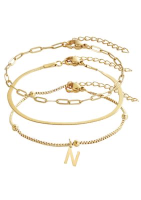 Adornia Tarnish Resistant 18k Gold Plated Set of 3 Chain Bracelets with Initial Charm