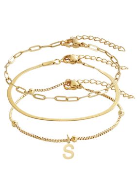 Adornia Tarnish Resistant 18k Gold Plated Set of 3 Chain Bracelets with Initial Charm