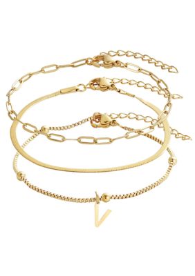 Adornia Tarnish Resistant 18k Gold Plated Set of 3 Chain Bracelets with Initial Charm