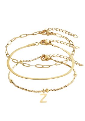 Adornia Tarnish Resistant 18k Gold Plated Set of 3 Chain Bracelets with Initial Charm