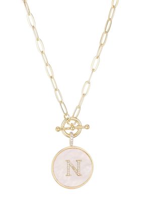 Adornia 14k Gold Plated Mother-of-Pearl CZ Initial Toggle Necklace