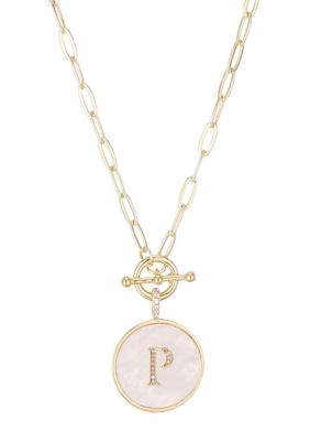 Adornia 14k Gold Plated Mother-of-Pearl CZ Initial Toggle Necklace