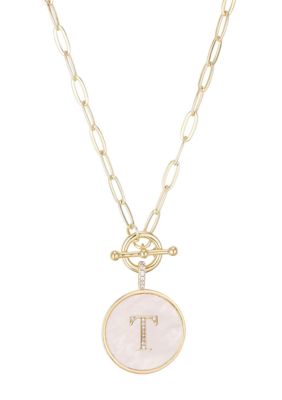 Adornia 14k Gold Plated Mother-of-Pearl CZ Initial Toggle Necklace