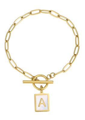 Adornia Tarnish Resistant 18k Gold Plated Mother-of-Pearl Initial Toggle Bracelet