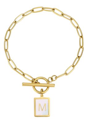 Adornia Tarnish Resistant 18k Gold Plated Mother-of-Pearl Initial Toggle Bracelet