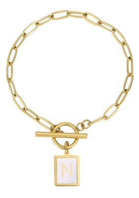 Adornia Tarnish Resistant 18k Gold Plated Mother-of-Pearl Initial Toggle Bracelet