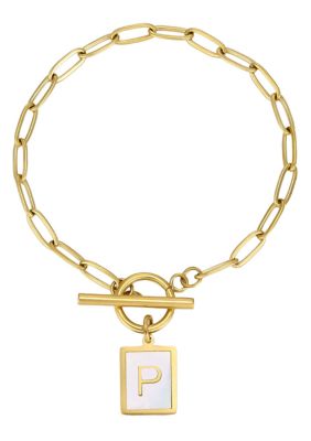 Adornia Tarnish Resistant 18k Gold Plated Mother-of-Pearl Initial Toggle Bracelet