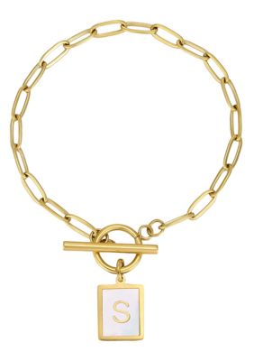 Adornia Tarnish Resistant 18k Gold Plated Mother-of-Pearl Initial Toggle Bracelet
