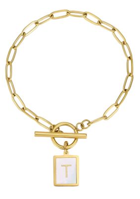 Adornia Tarnish Resistant 18k Gold Plated Mother-of-Pearl Initial Toggle Bracelet
