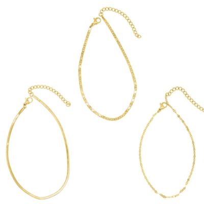 Adornia Tarnish Resistant 14k Gold Plated Adjustable 9-11" Herringbone, Valentina, and Mariner Chain Anklet Set