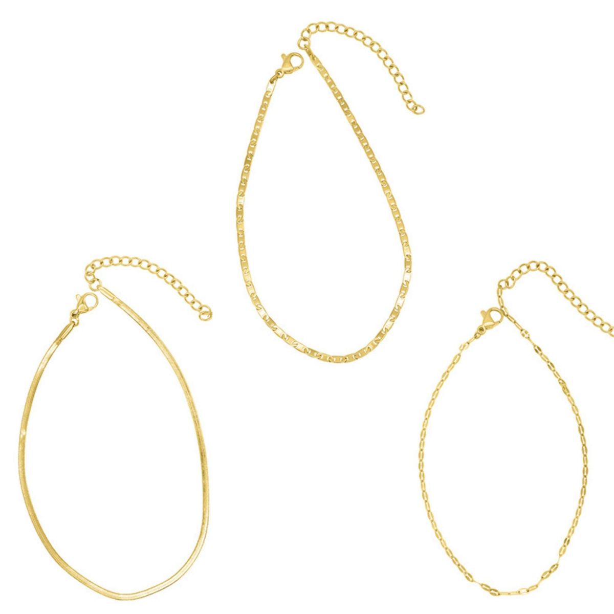 Tarnish Resistant 14k Gold Plated Adjustable 9-11" Herringbone, Valentina, and Mariner Chain Anklet Set