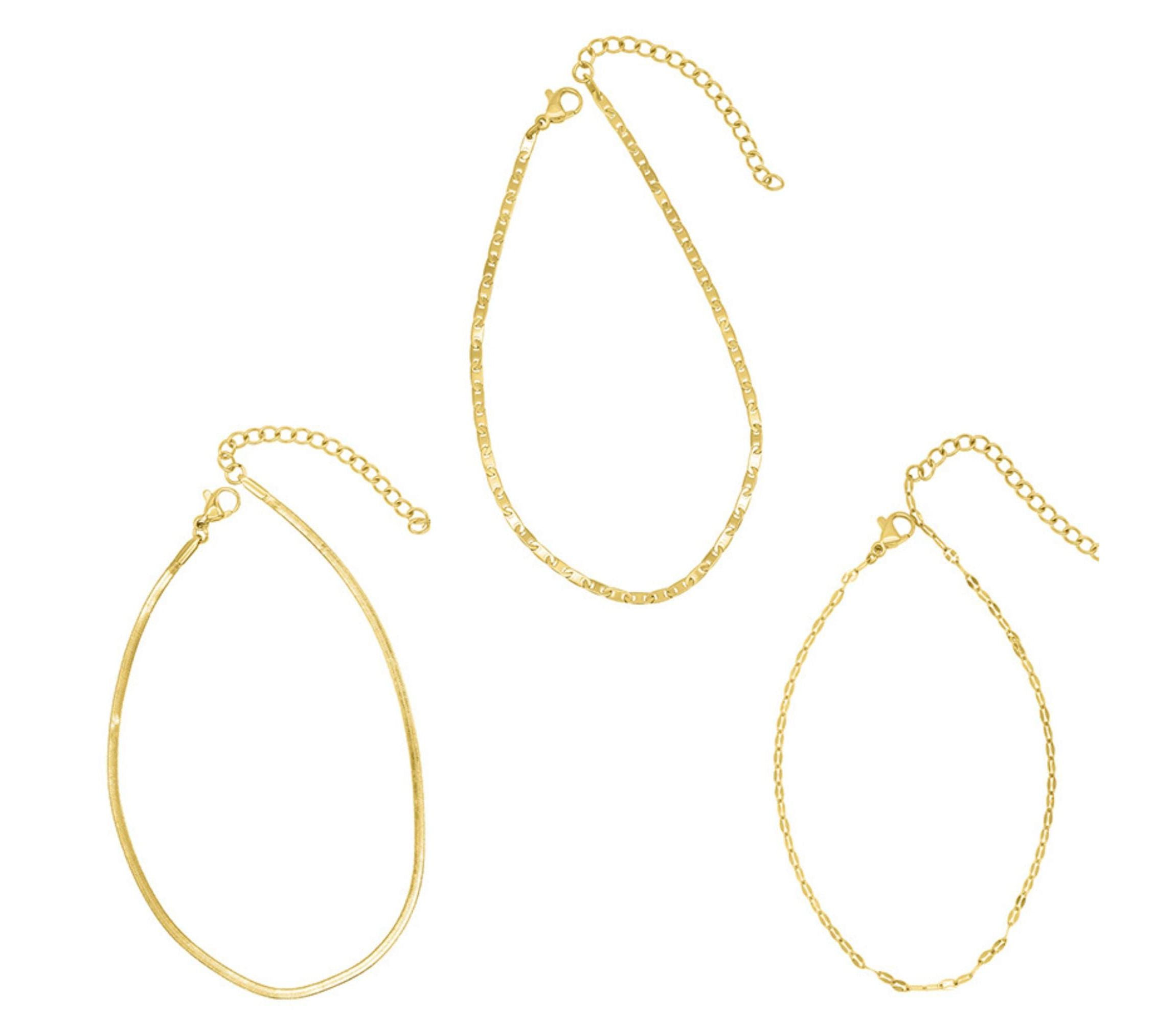 Tarnish Resistant 14k Gold Plated Adjustable 9-11" Herringbone, Valentina, and Mariner Chain Anklet Set