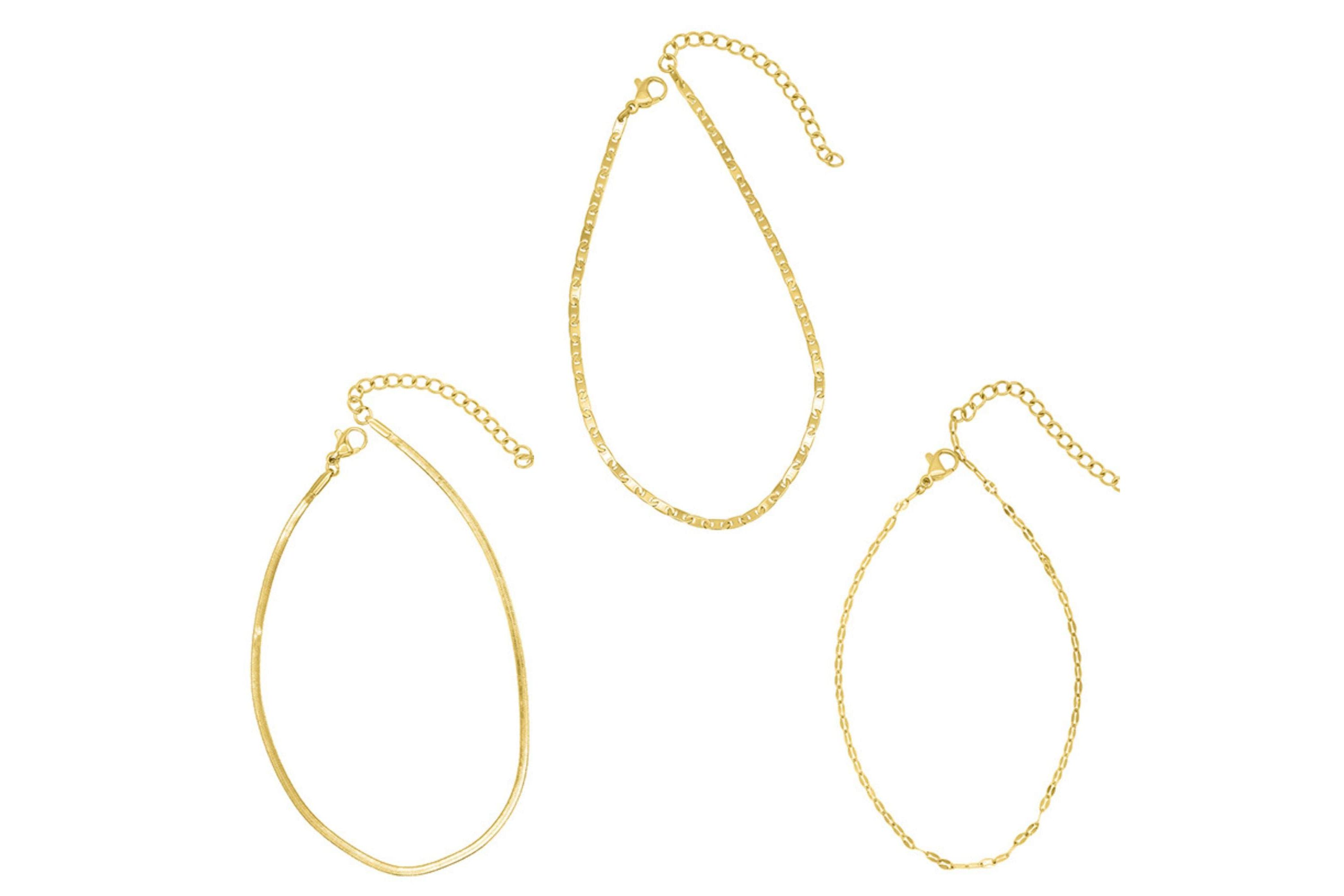 Tarnish Resistant 14k Gold Plated Adjustable 9-11" Herringbone, Valentina, and Mariner Chain Anklet Set