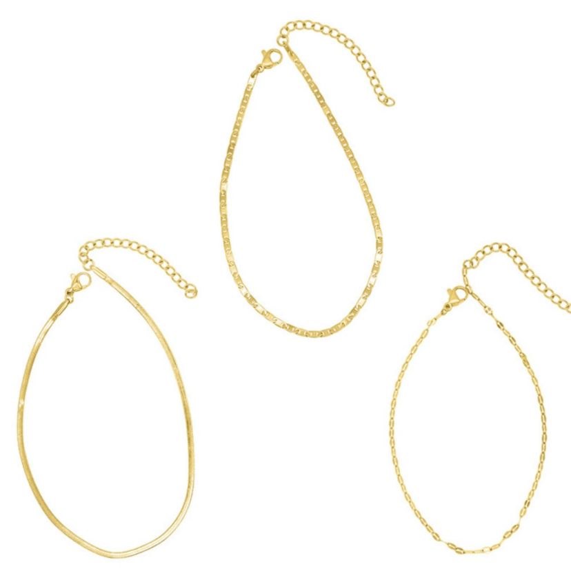 Tarnish Resistant 14k Gold Plated Adjustable 9-11" Herringbone, Valentina, and Mariner Chain Anklet Set