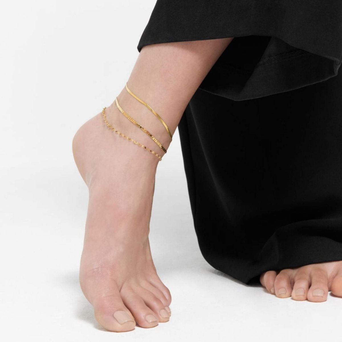 Tarnish Resistant 14k Gold Plated Adjustable 9-11" Herringbone, Valentina, and Mariner Chain Anklet Set