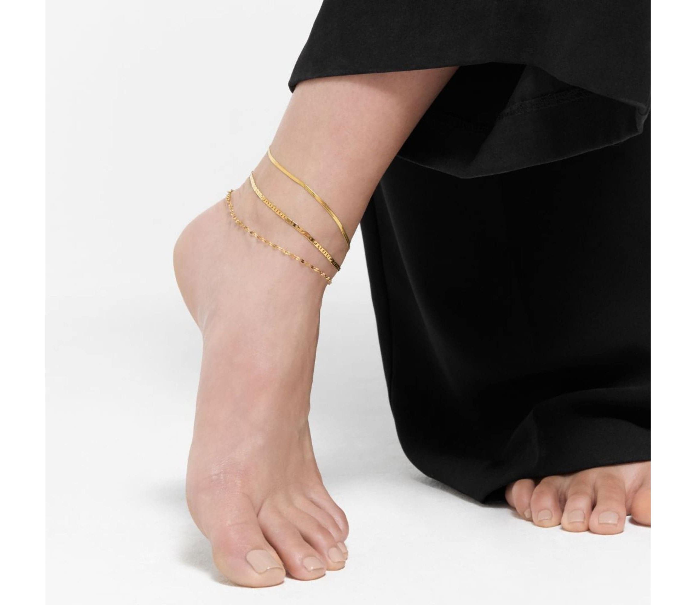 Tarnish Resistant 14k Gold Plated Adjustable 9-11" Herringbone, Valentina, and Mariner Chain Anklet Set