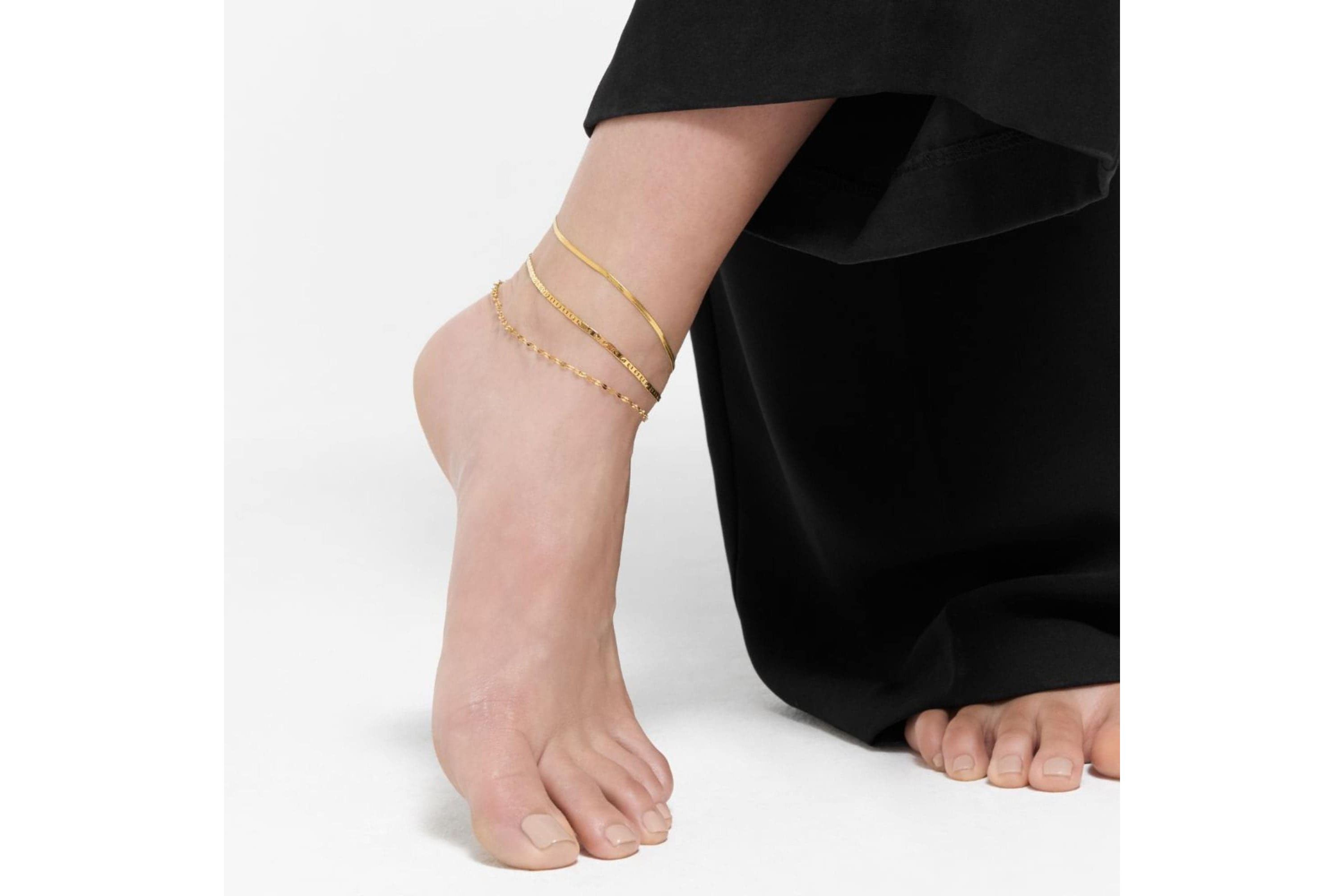 Tarnish Resistant 14k Gold Plated Adjustable 9-11" Herringbone, Valentina, and Mariner Chain Anklet Set