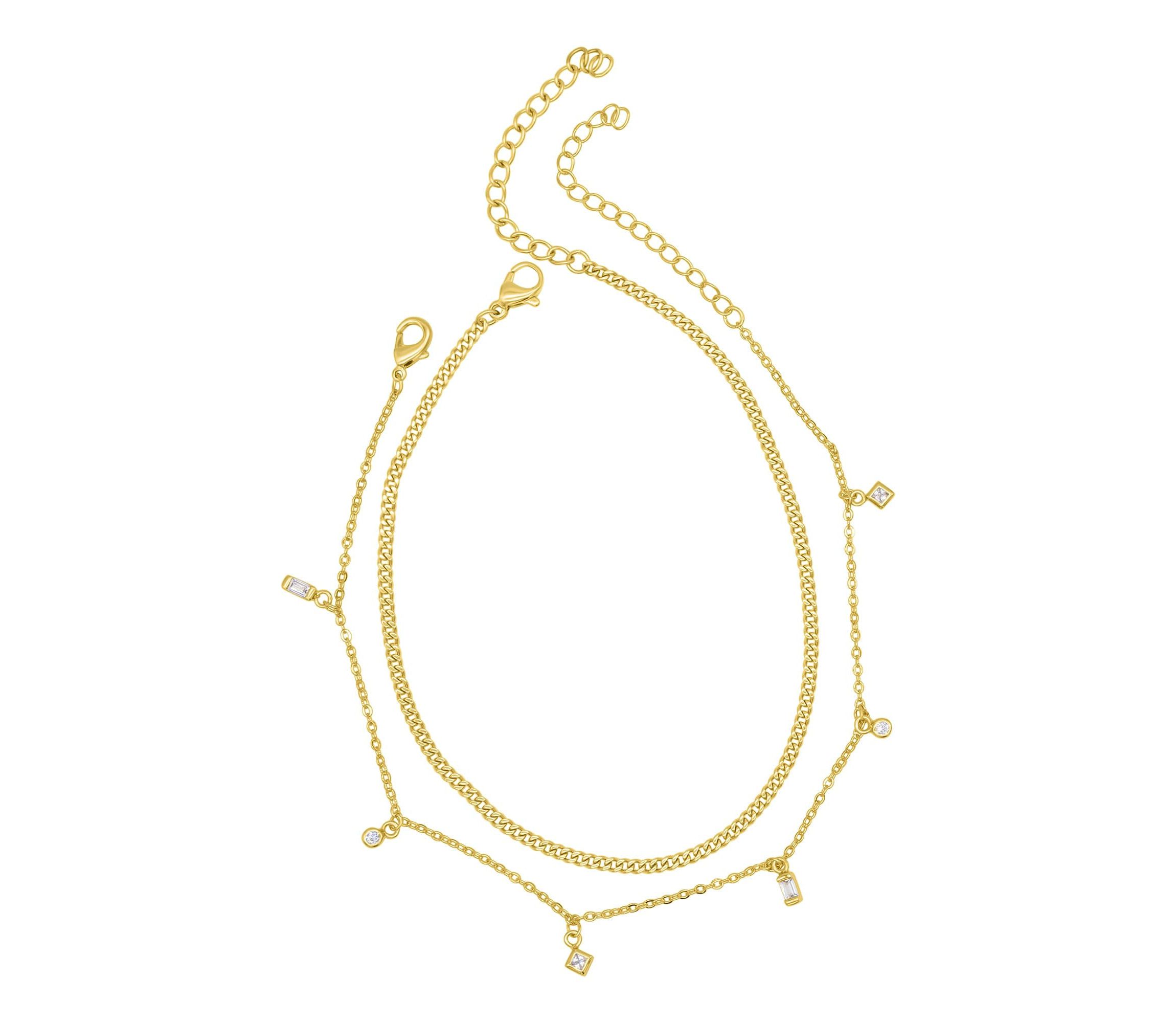 14k Gold Plated Adjustable 9-11" Curb Chain and Confetti Dangle Anklet Set