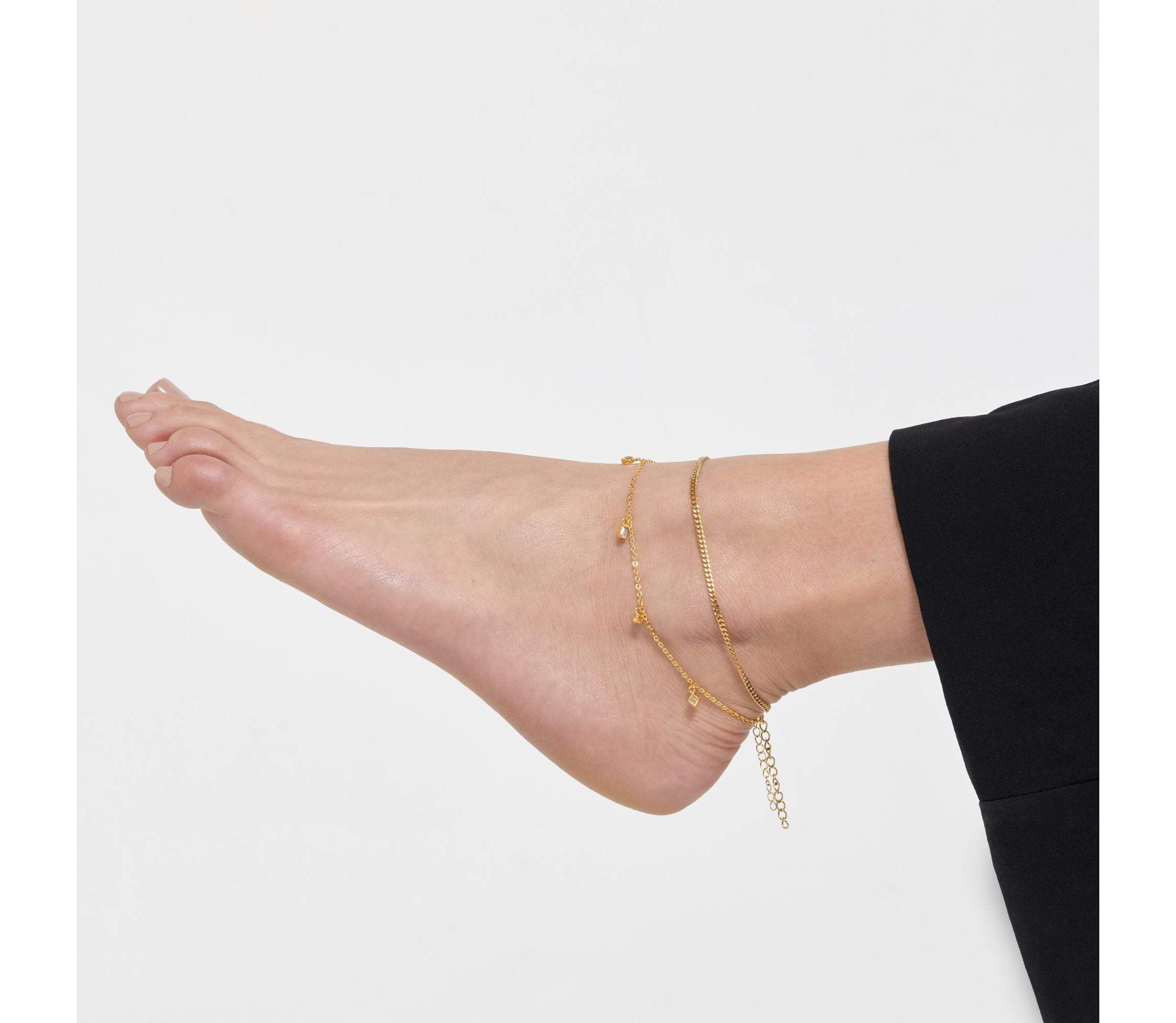 14k Gold Plated Adjustable 9-11" Curb Chain and Confetti Dangle Anklet Set