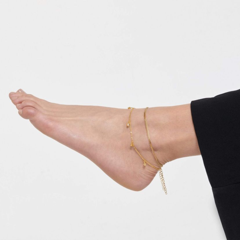 14k Gold Plated Adjustable 9-11" Curb Chain and Confetti Dangle Anklet Set