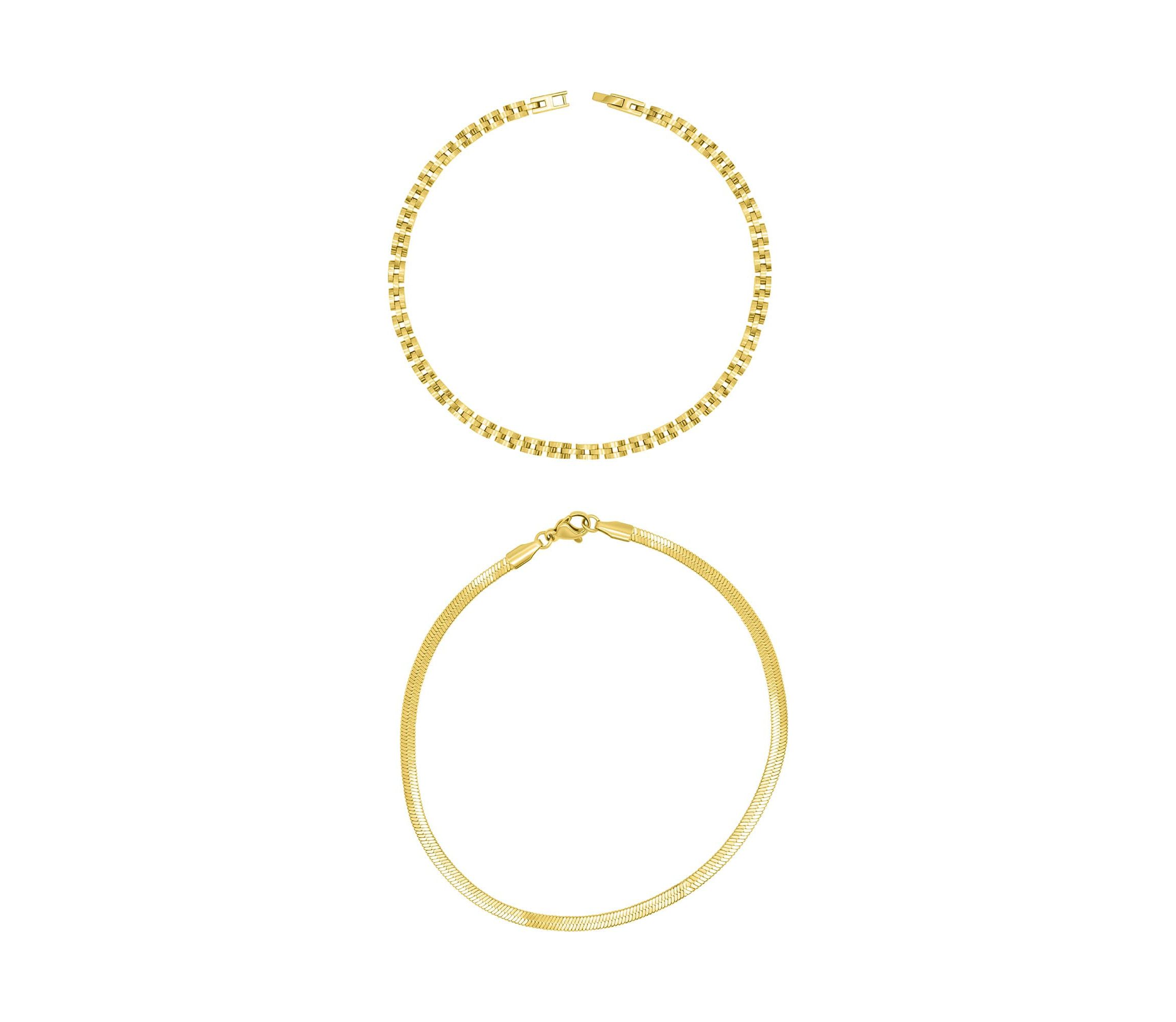 Tarnish Resistant 14k Gold Plated Watch Band and Herringbone Anklet Set